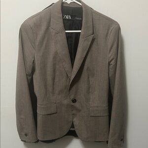 Zara Men's Taupe Plaid Single-Breasted Blazer